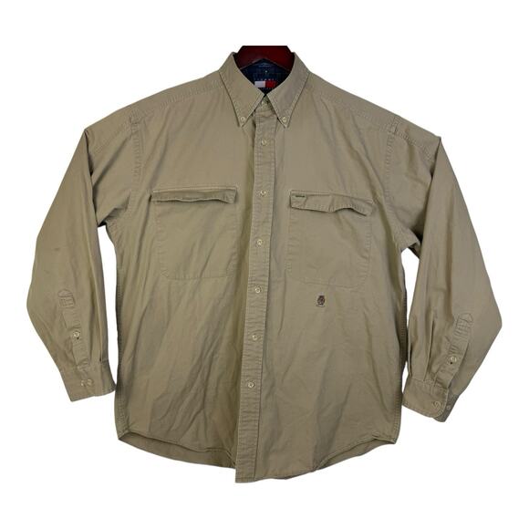 Tommy Hilfiger Shirt Mens Medium Khaki Button Down Oxford Crest Streetwear Y2K - Picture 1 of 15